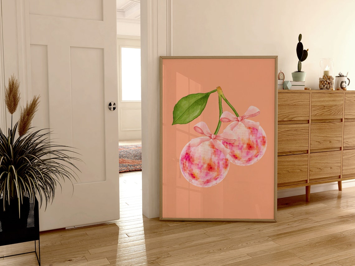 Cherry Disco Ball Pink Bow Peach Background Trendy Dorm Poster