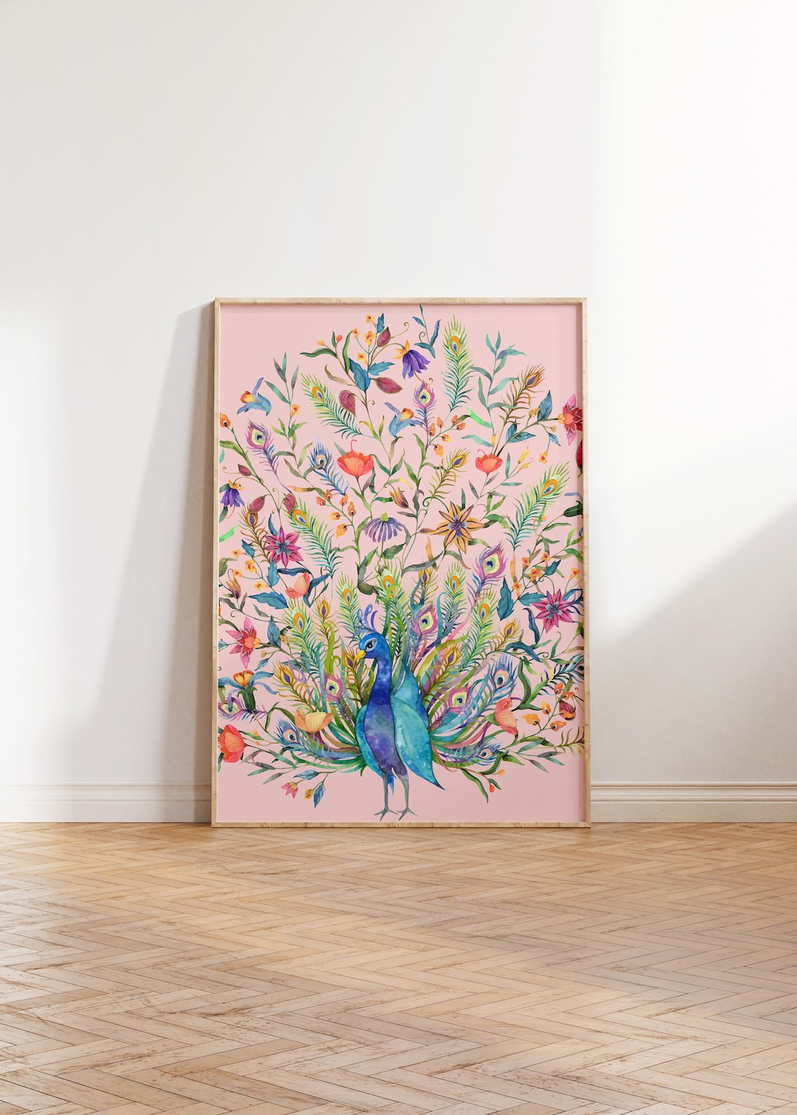 Pink Peacock Art Print, Boho Mid-Century Decor