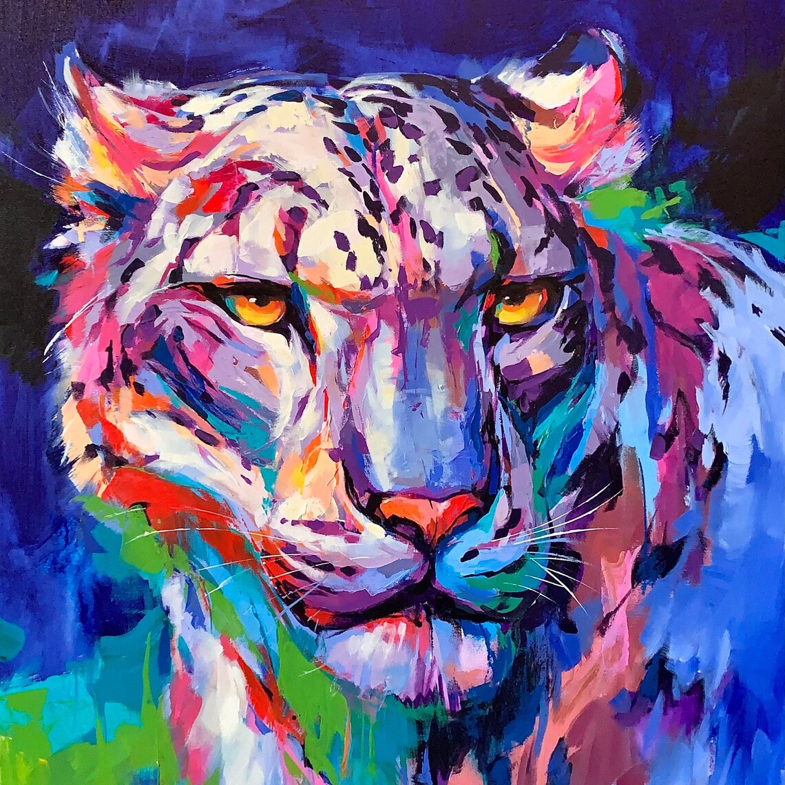 Colorful Snow Leopard Face Close Up Vibrant Wildlife Painting Poster