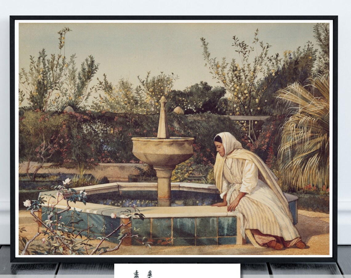 Woman Resting By Stone Fountain In Lush Walled Garden Painting Poster