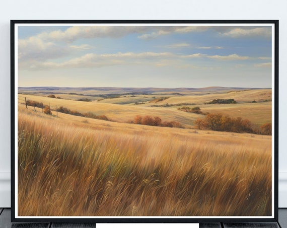 Kansas Prairie Landscape Painting Art Instant Western Decor Nature Wall Art For Home Grassy Prairie Landscape