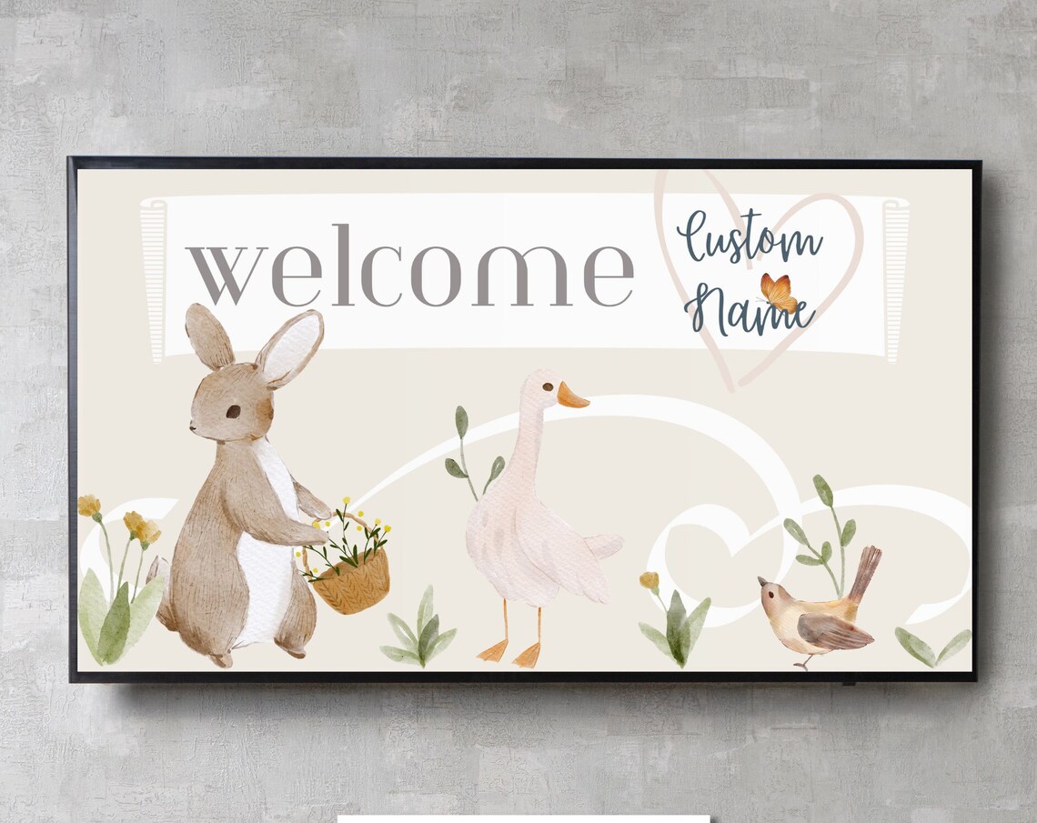 Welcome Custom Name Baby Shower Frame TV Art Woodland Animals Print
