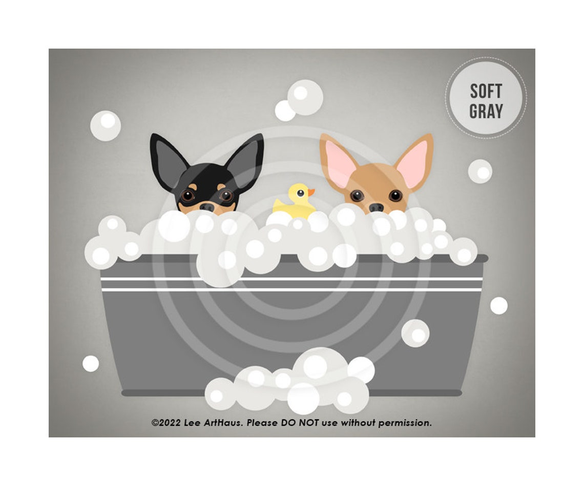 Two Chihuahuas Peeking Bubble Bath Gray Metal Tub Soft Teal Poster - Image 4
