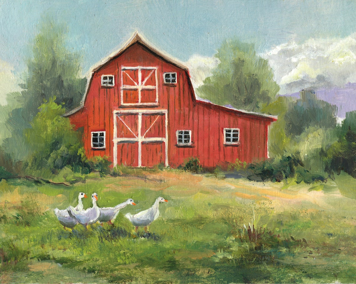 Classic Red Barn with White Geese Grazing in the Green Pasture Poster