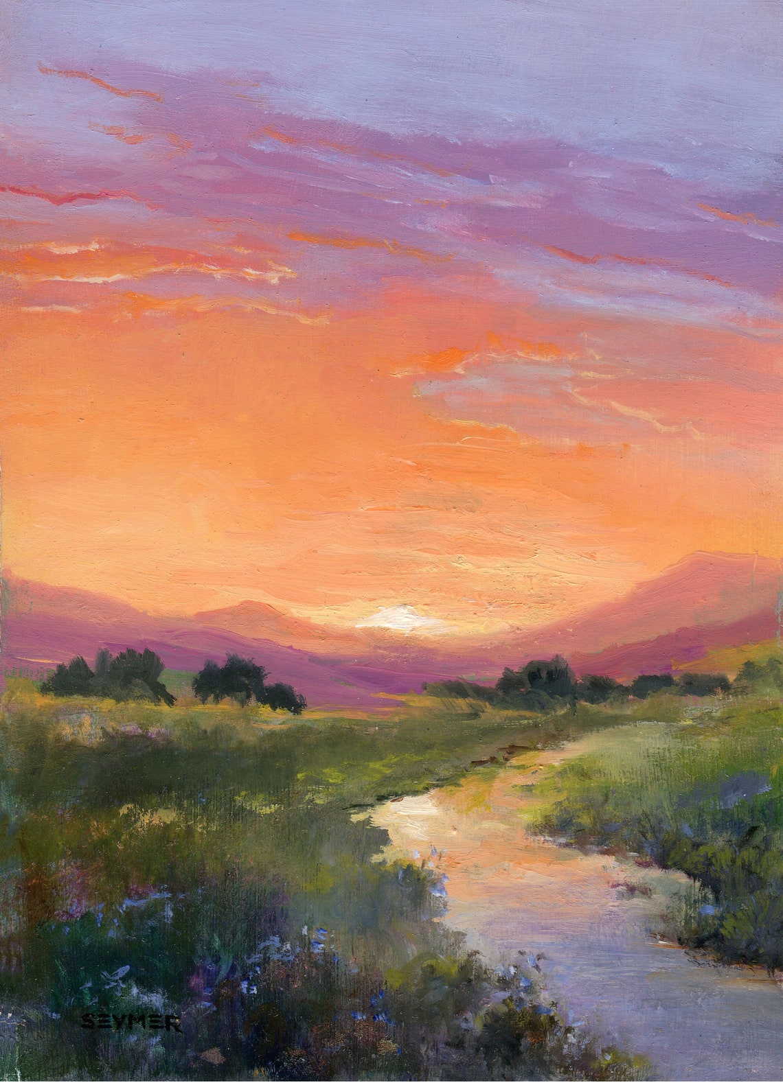 River At Sunset Landscape Oil Painting With Purple Sky Poster - Image 6