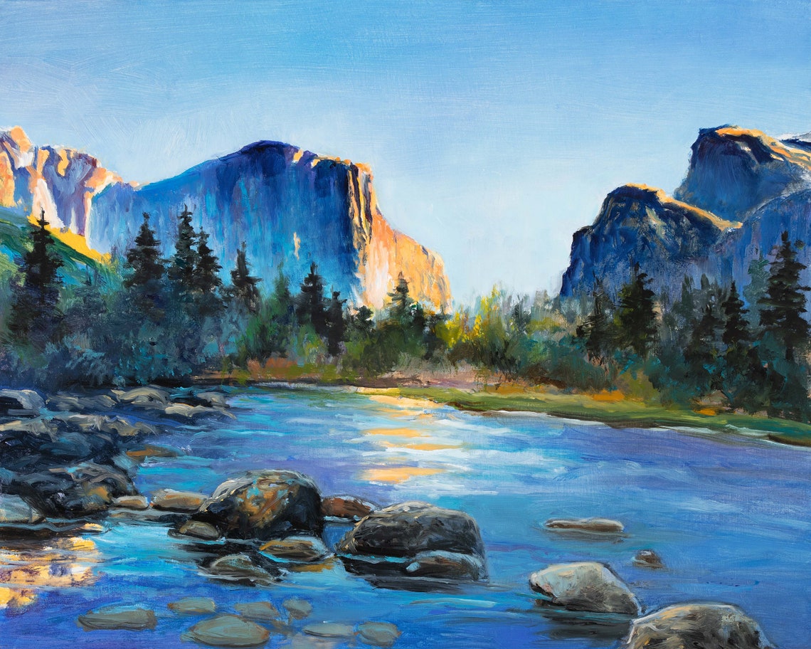 Granite Cliffs Glowing In Morning Light Beside A River Valley Poster