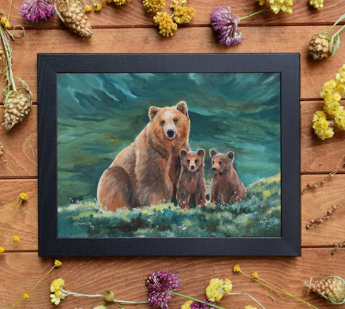Mama Brown Bear Watching Over Two Cubs in a Green Meadow Poster - Image 4