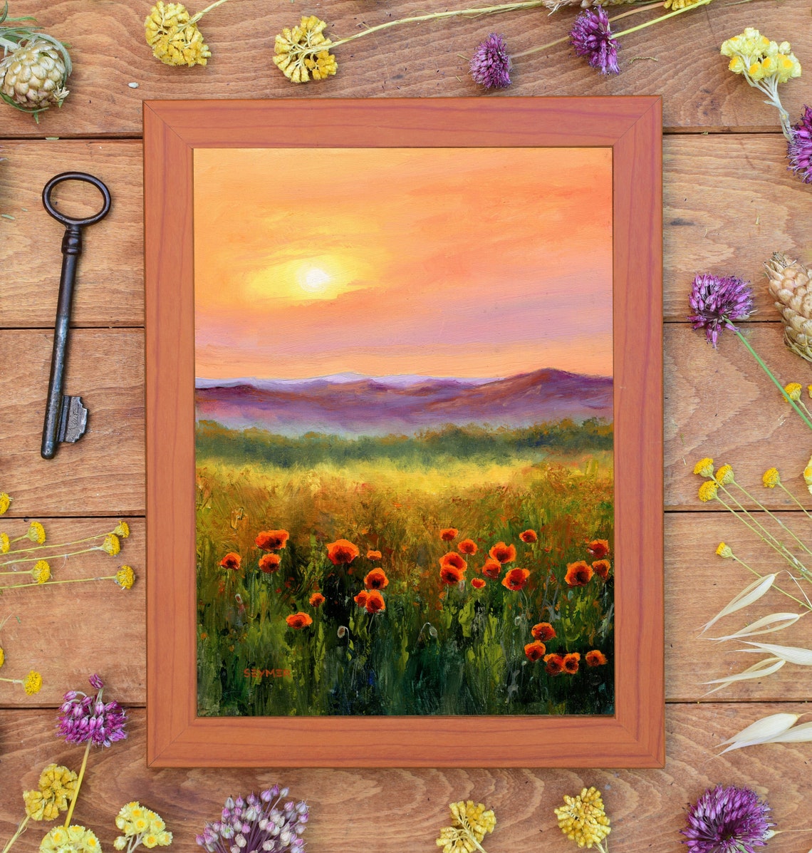 Vibrant Red Poppy Field at Sunset with Purple Mountain Views Poster - Image 4