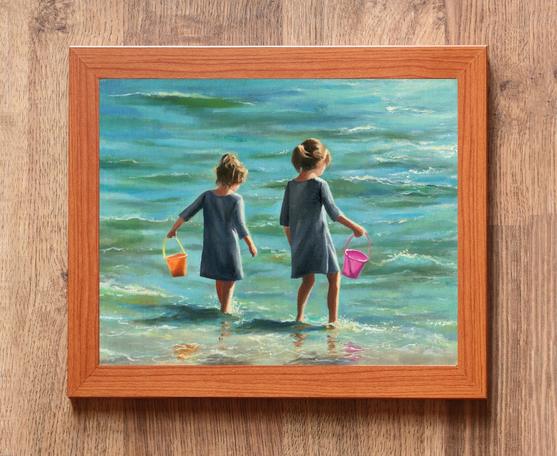 Two Little Girls Wading into the Sea with Colorful Buckets Poster - Image 3