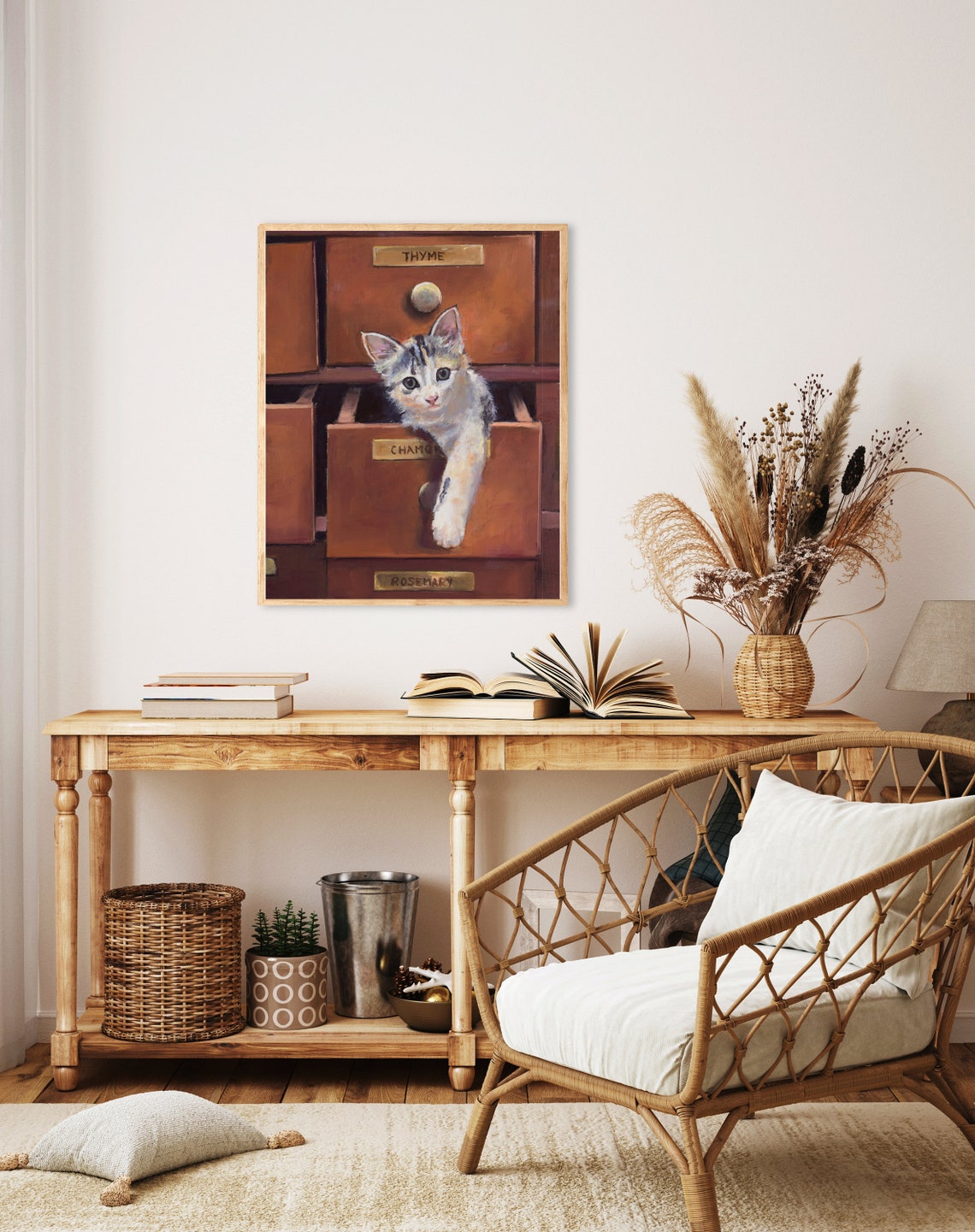 Playful Kitten in Herbalist Apothecary Drawers with Herb Labels Poster - Image 2