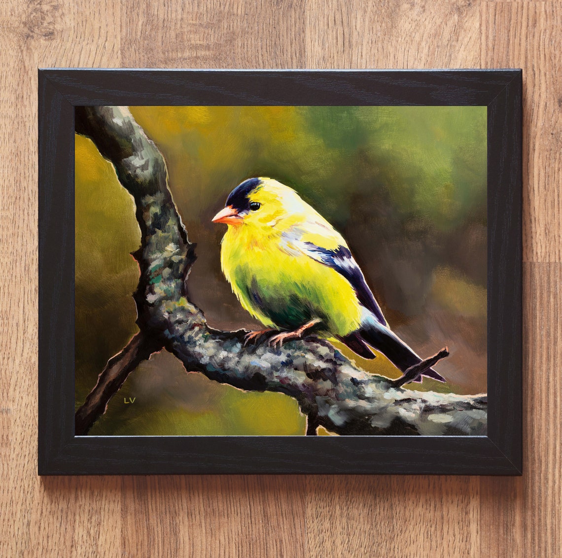 American Goldfinch Perched on a Mossy Branch in Yellow Plumage Poster - Image 3