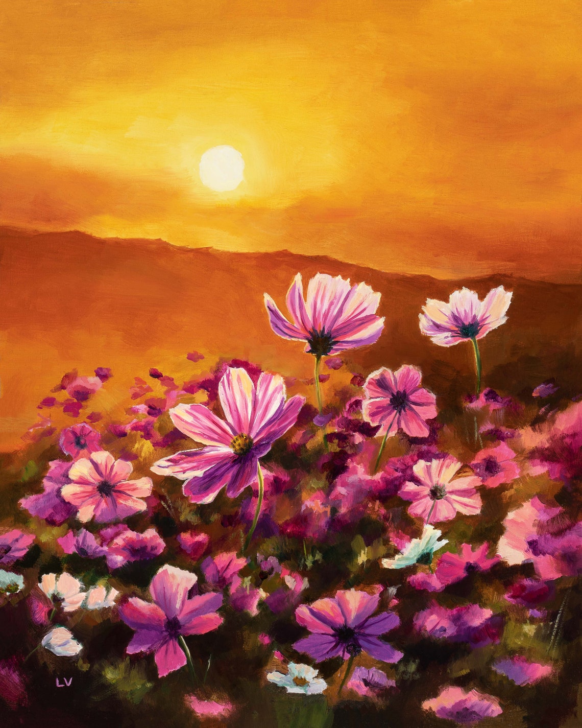 Cosmos Field Golden Sunset Pink Wildflower Meadow Oil Painting Poster - Image 6