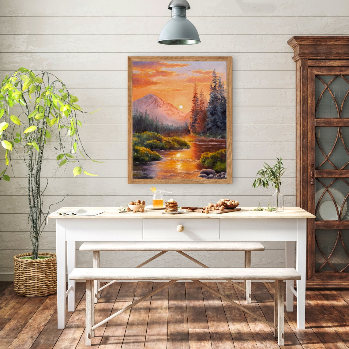 Mountain River at Sunset with Pine Trees Oil Painting Nature Poster - Image 2