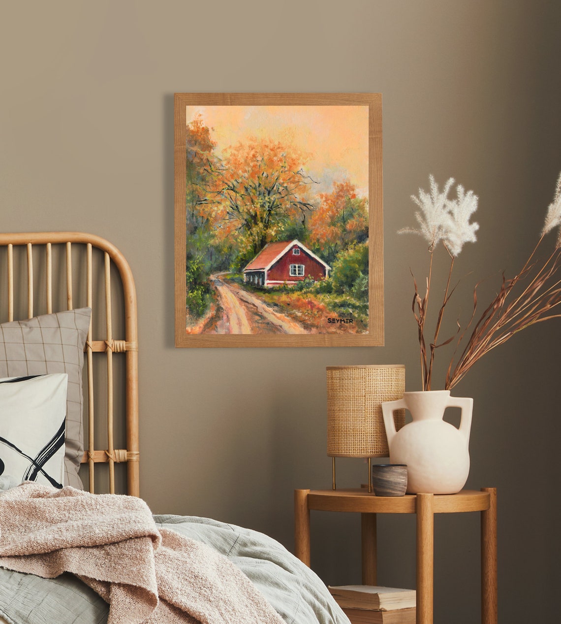 Red Country Cabin Nestled Among Autumn Trees at Warm Dusk Poster - Image 2