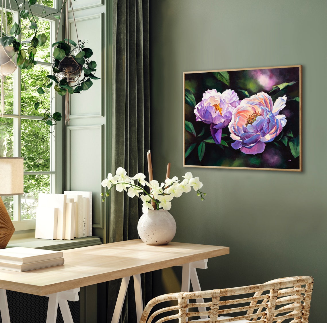Blush Pink Peony Blossoms Blooming Against a Dark Moody Garden Poster - Image 4
