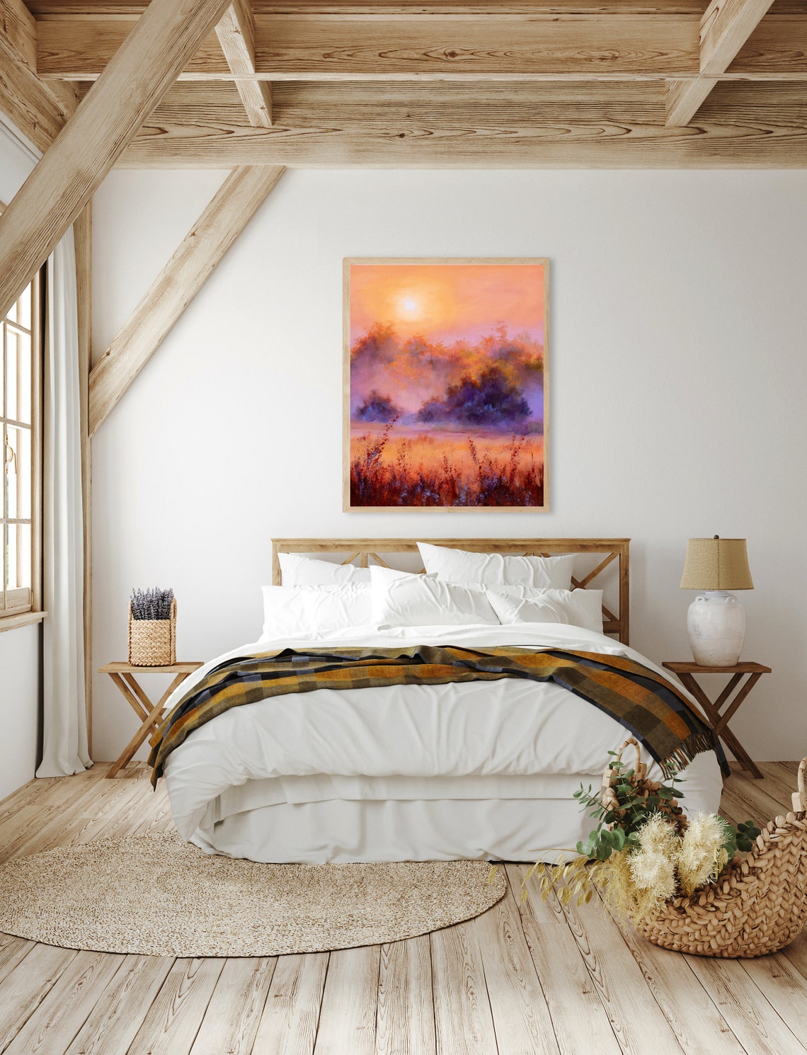 Trees In The Fog Art Print Misty Field Oats Sunset Art Foggy Oil Painting Intense Colors Trees At Sunrise Crop Field Poster Country Decor - Image 2