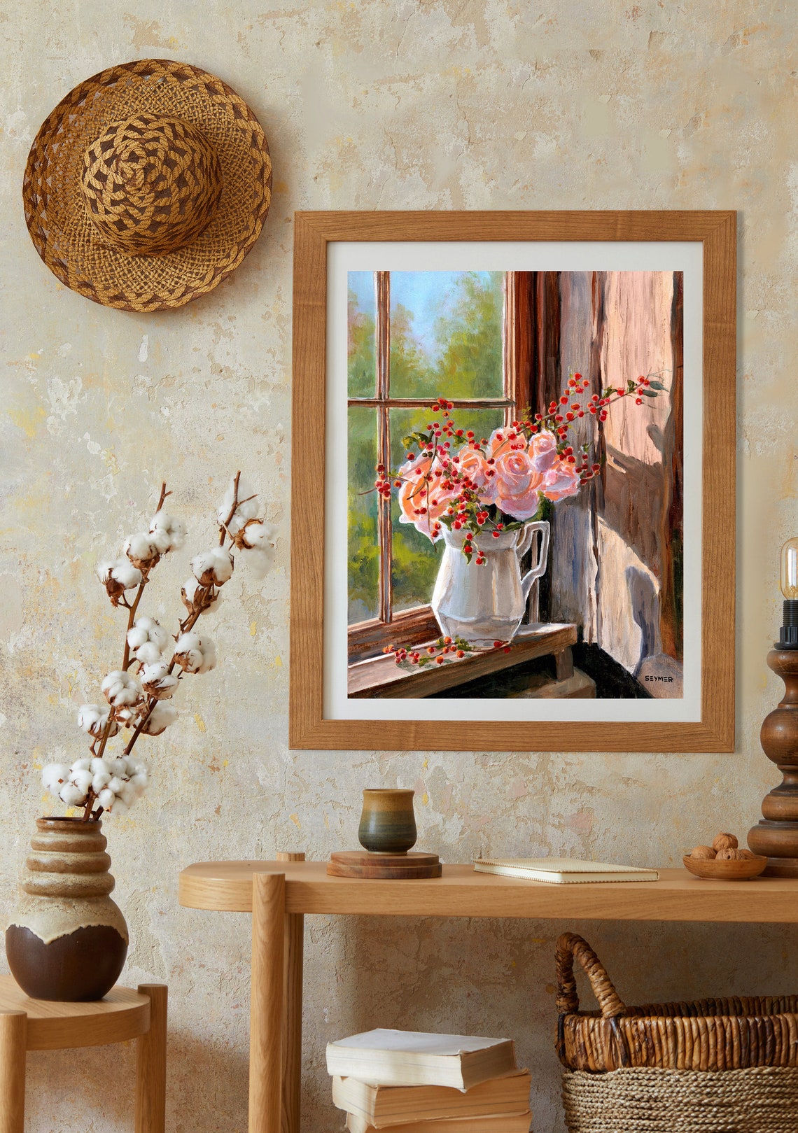 Pink Roses In Pitcher Window Still Life Floral Oil Painting Poster - Image 2
