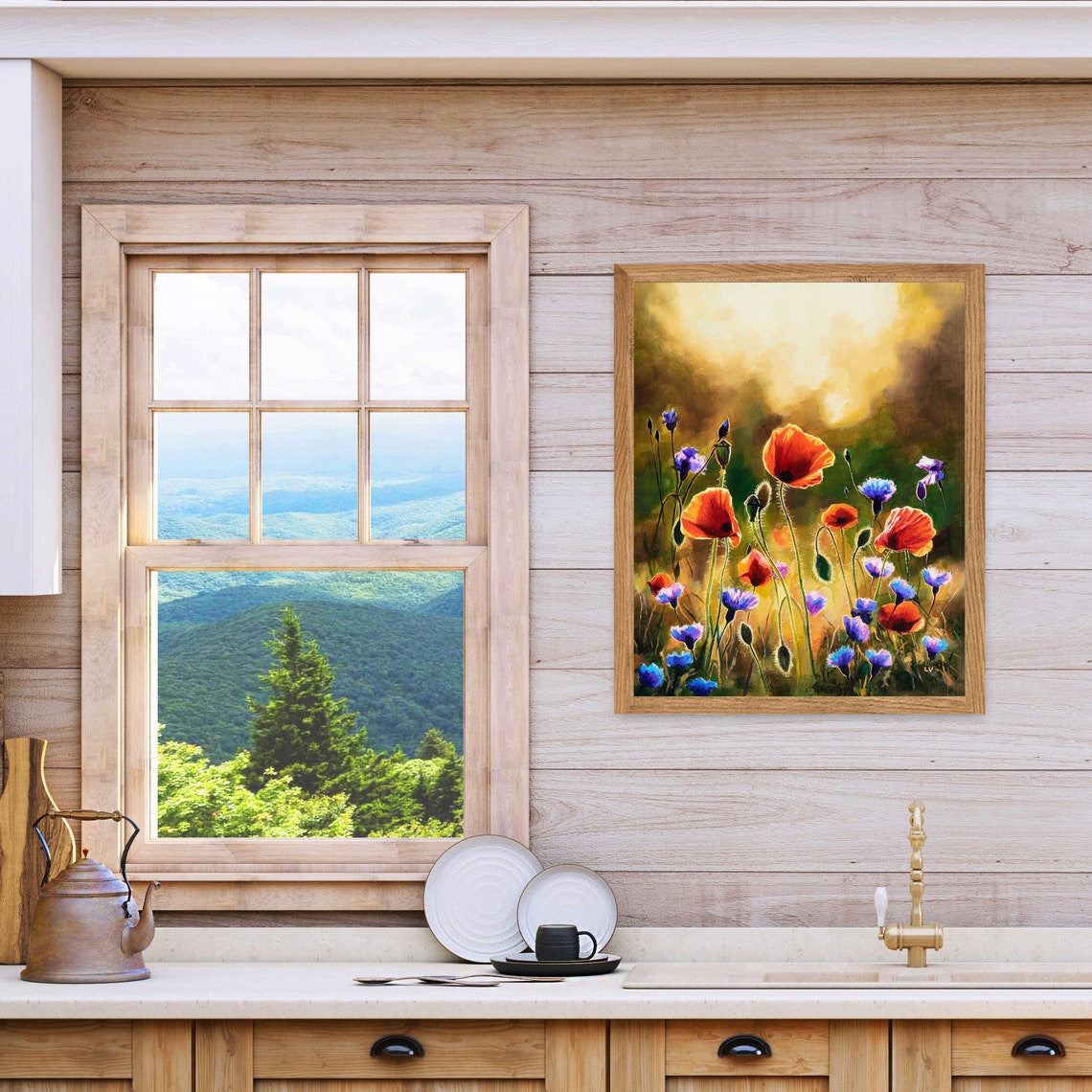 Red Poppies and Blue Cornflowers Glowing in Golden Sunlight Poster - Image 2