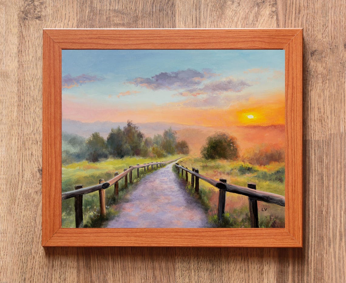 Relaxing Landscape Original Oil Painting Peaceful Sunset Art Country Road Wooden Fence Vibrant Sunshine Artwork Spring Framed Wall Art - Image 3
