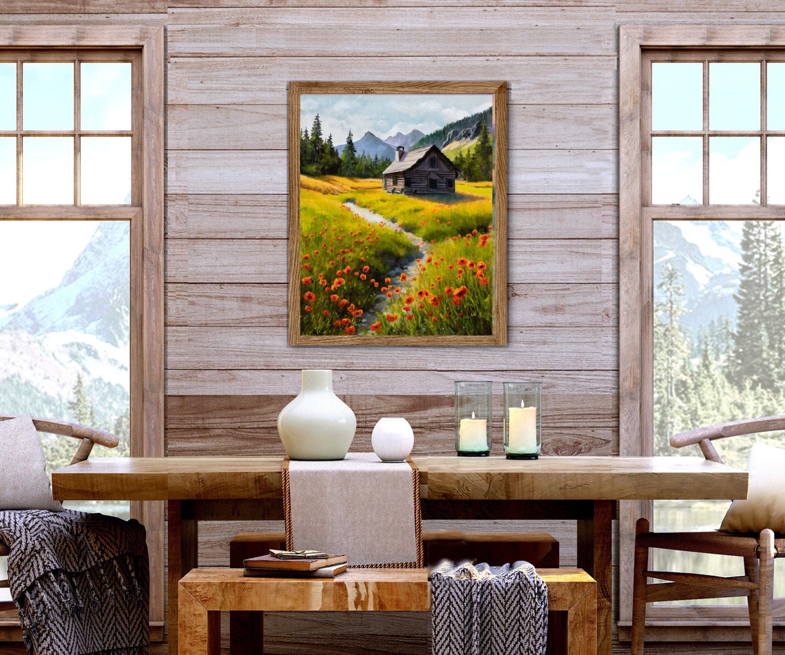 Mountain Log Cabin Poppy Meadow Stream Wilderness Oil Painting Poster - Image 5