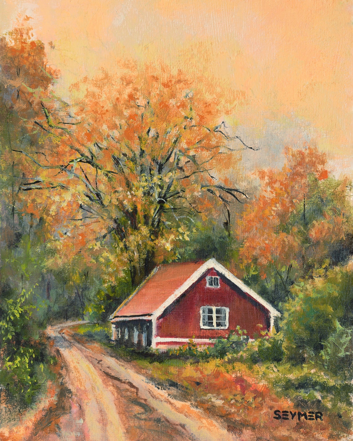 Red Country Cabin Nestled Among Autumn Trees at Warm Dusk Poster
