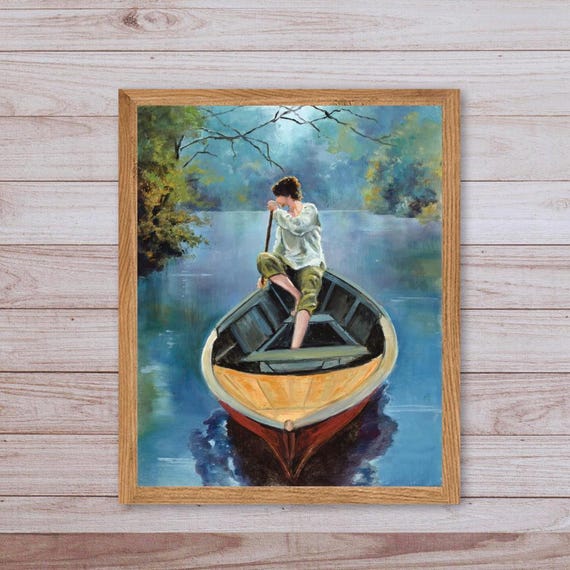 Misty Pond Painting Print Foggy Swamp Art Calm Fishing Boat Row Boat Riverscape Tranquil River Artwork Young Man Fisherman Lake Wall Art