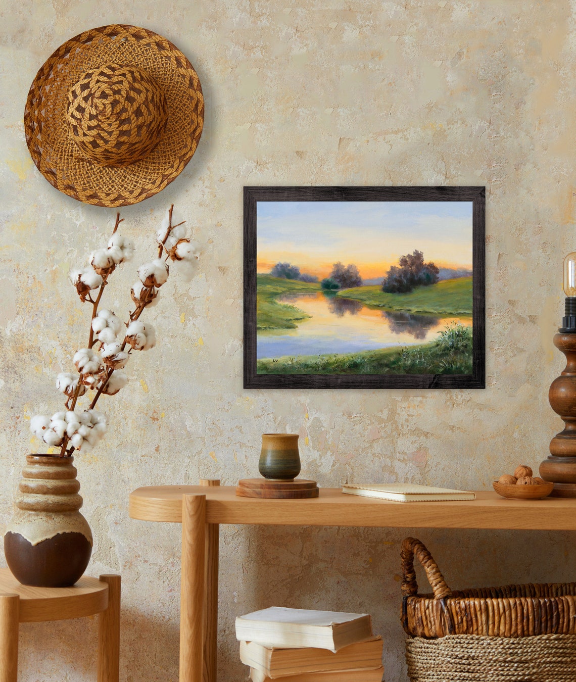 River With Trees Drawing Original Framed Painting Realistic Sunrise River Green Grass Classic Landscape Fine Art Peaceful River Scene - Image 4