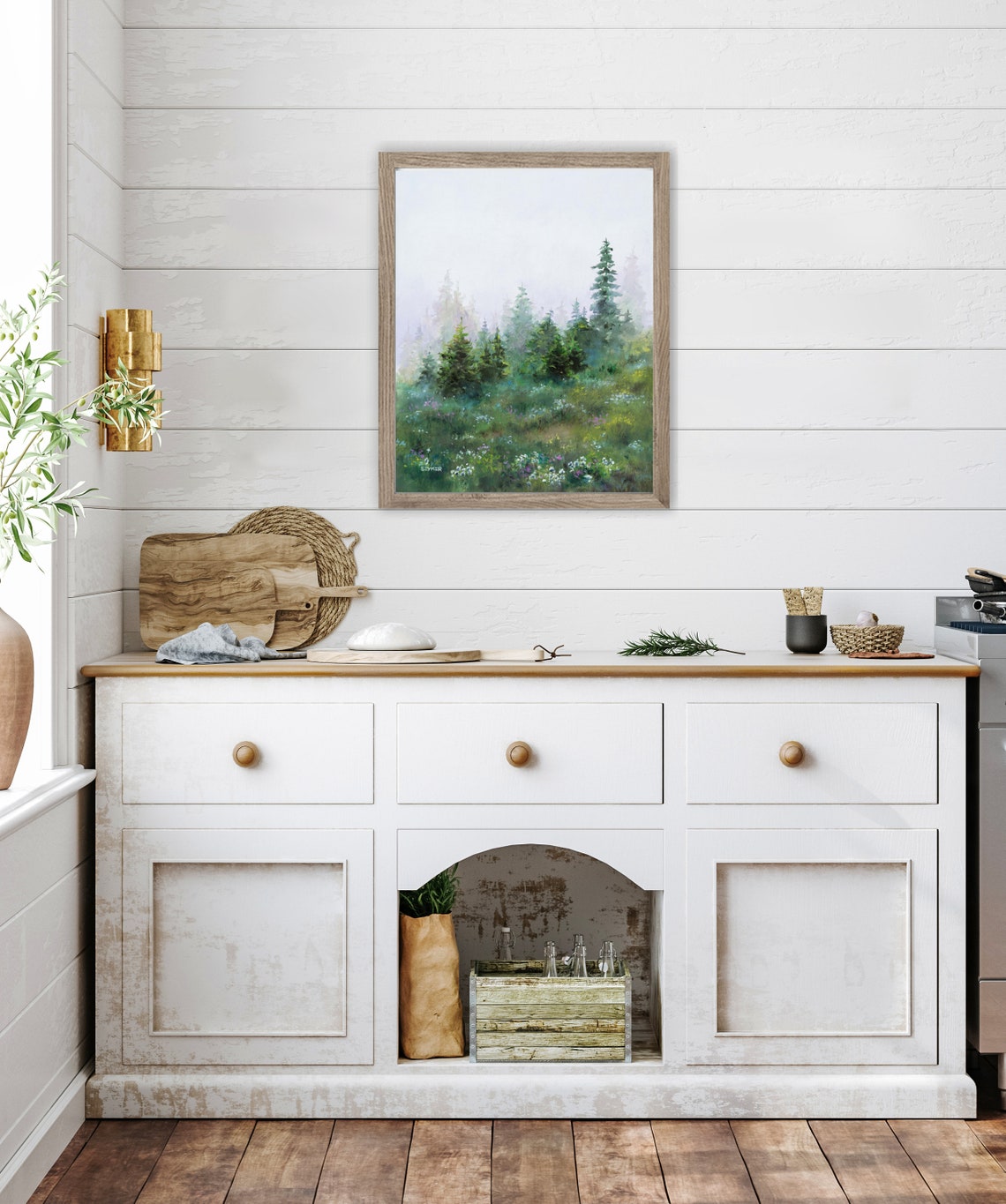 Foggy Trees Painting Original Misty Green Landscape Fir Trees Fog Neutral Living Room Decor Wall Art Moody Landscape Farmhouse Kitchen Art - Image 3