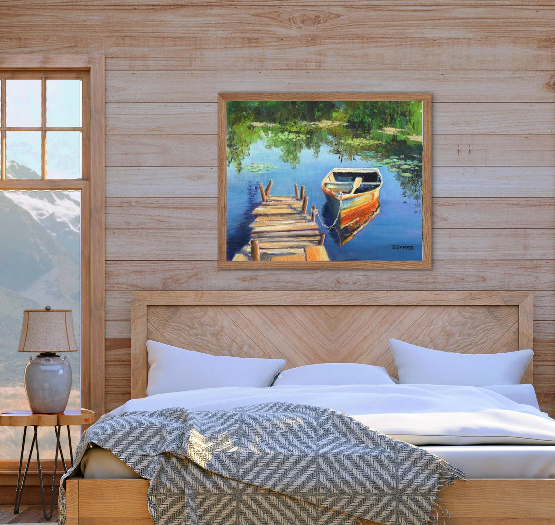 Wooden Dock And Boat On Lake Landscape Oil Painting With Lilies Poster - Image 4