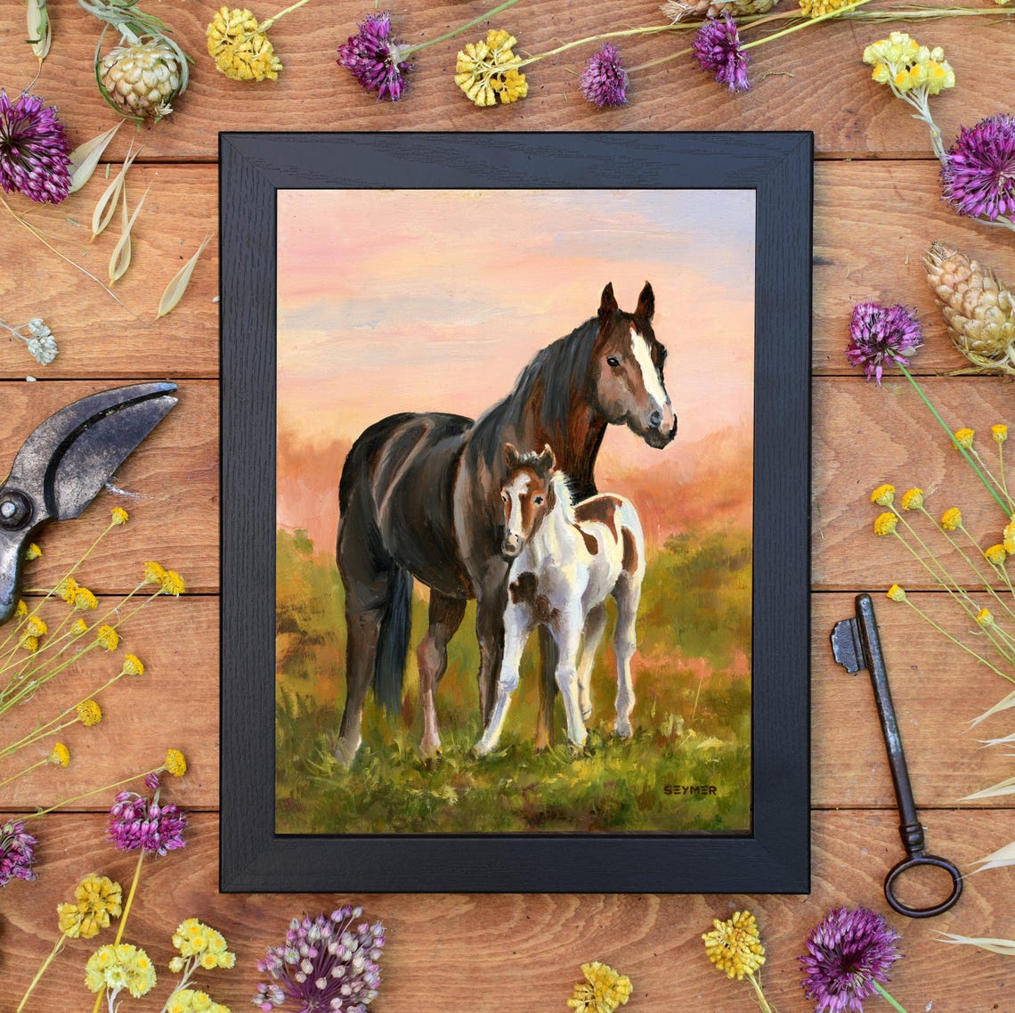 Equestrian Art Print Mare And Foal Oil Painting Warm Landscape Soft Sunset Tones Rural Farmhouse Life Horse Art Gift For Animal Lovers