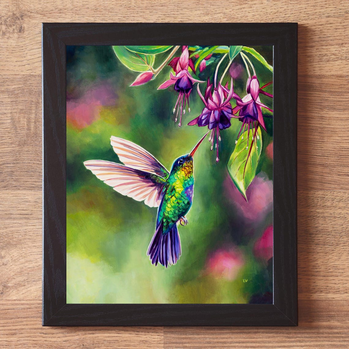 Close Up Of Hummingbird Sipping Nectar From Fuchsia Blooms Art Poster - Image 2