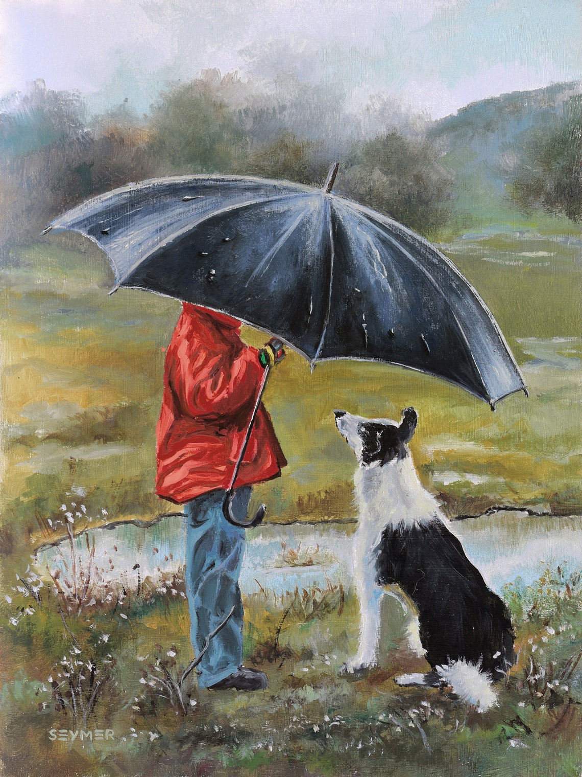 Boy in a Red Raincoat Sharing His Umbrella with a Border Collie Poster