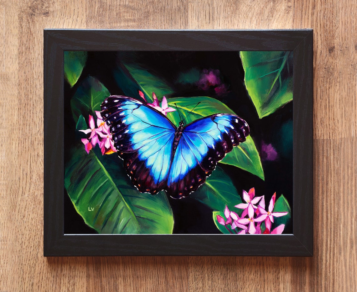 Butterfly And Flowers Original Oil Painting Large Blue Butterfly Wall Art Above The Bed Decor Garden Floral Artwork Girl Bedroom Painting - Image 6