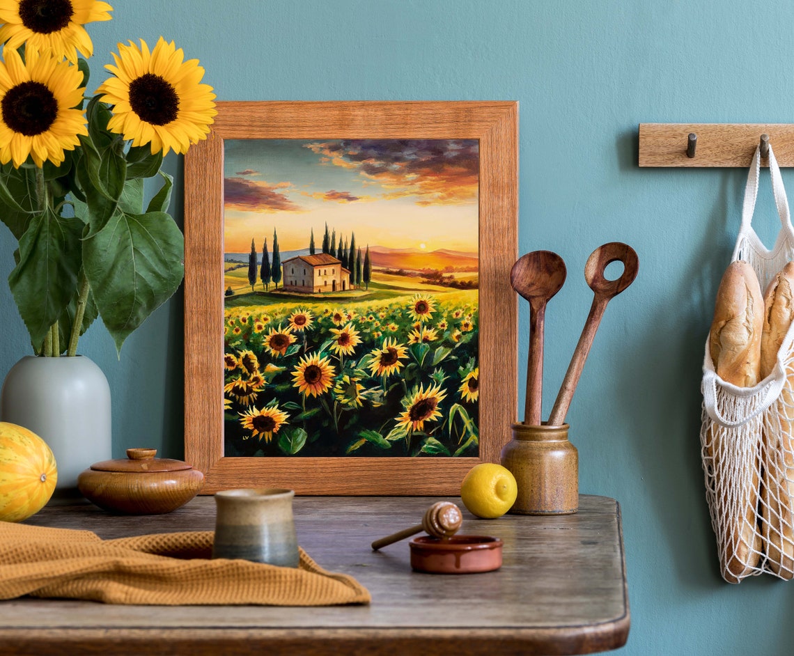 Tuscan Farmhouse at Sunset Over a Sunflower Field with Cypress Poster - Image 4