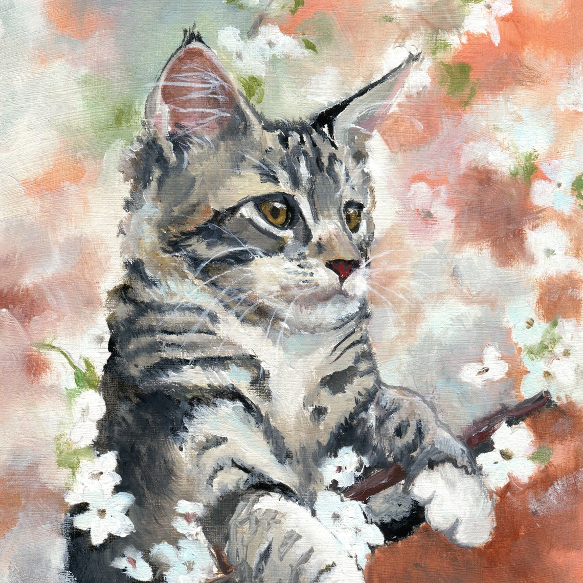 Tabby Cat Nestled Among White Spring Blossoms Painting Poster - Image 6