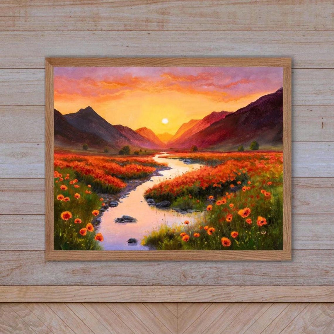 Golden Sunset River Winding Through a Meadow of Red Poppies Poster