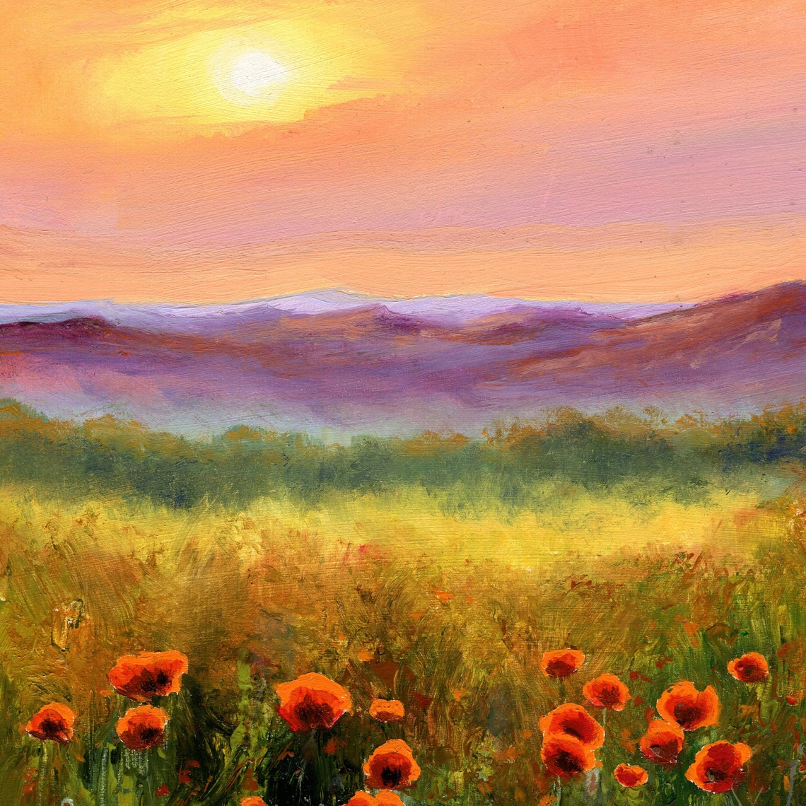 Vibrant Red Poppy Field at Sunset with Purple Mountain Views Poster - Image 5