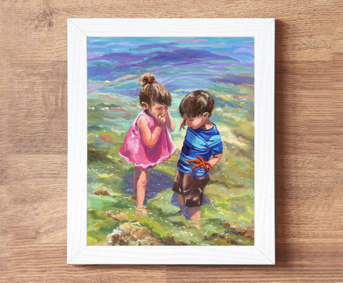 Children Playing at the Beach, Summer Seascape Art Print - Image 6