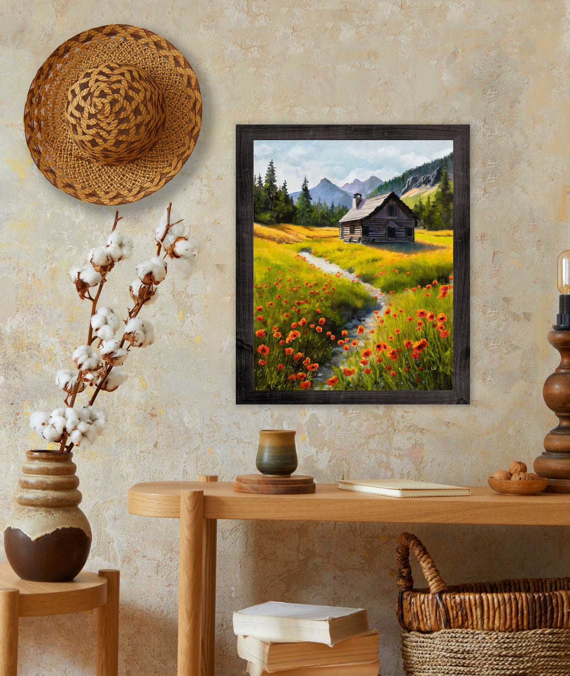Rustic Log Cabin in a Mountain Wildflower Meadow with Stream Poster - Image 4