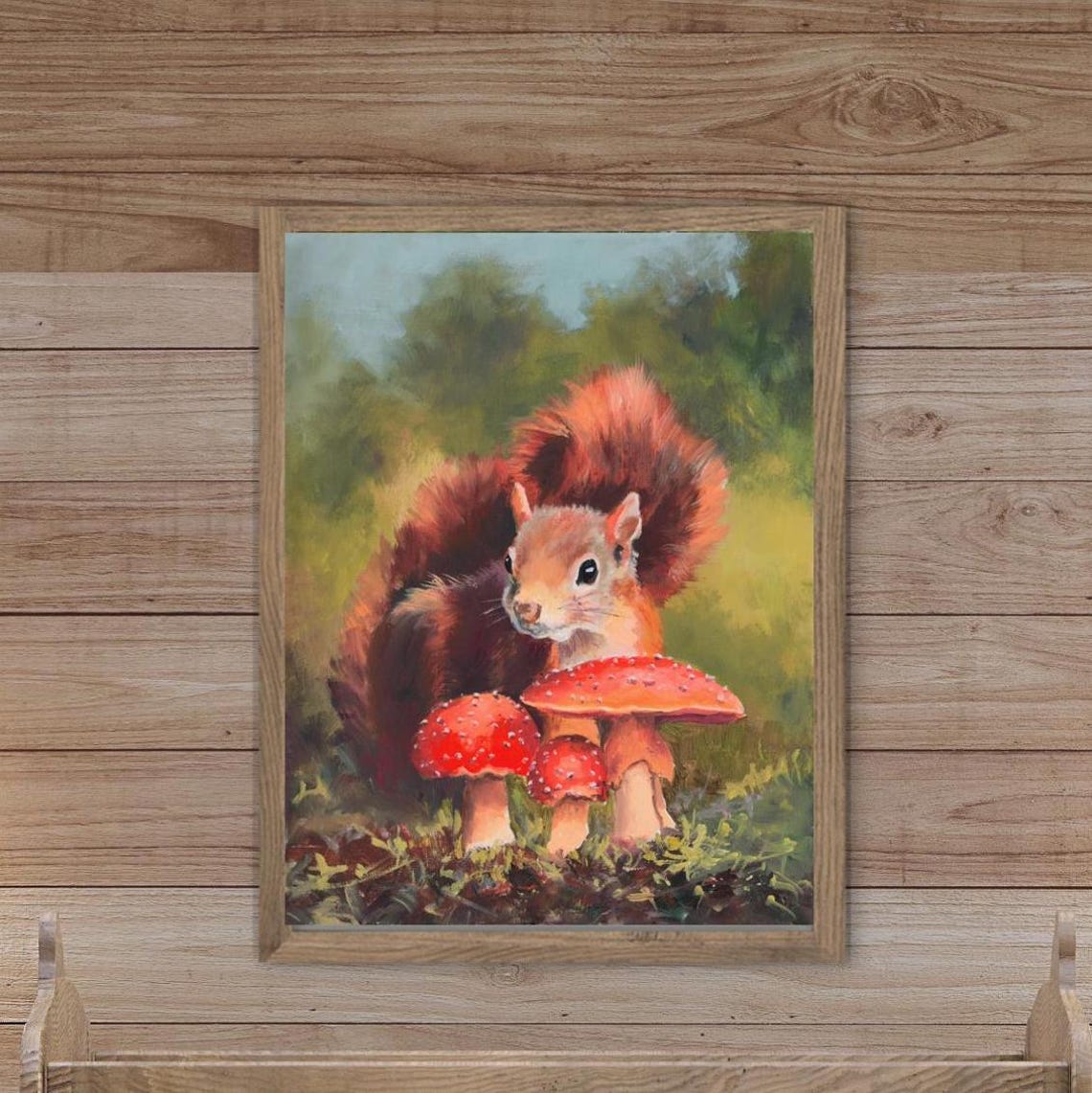 Red Squirrel Fly Agaric Mushrooms Autumn Forest Oil Painting Poster