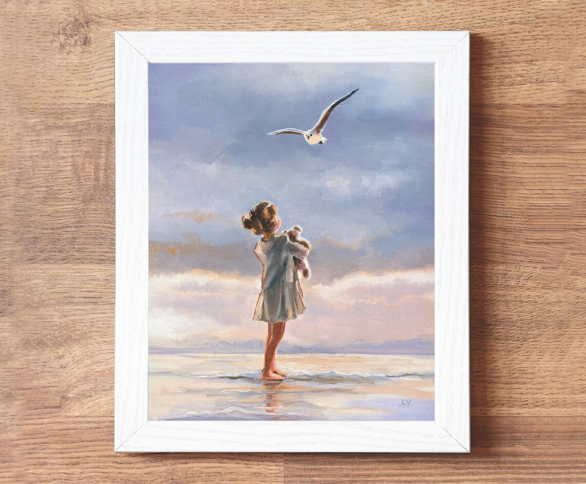 Little Girl Seascape, Vintage Oil Painting Print - Image 6