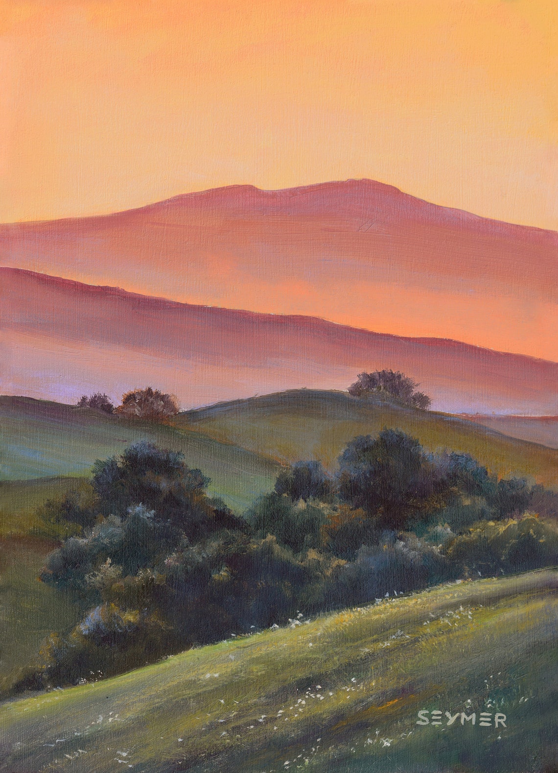 Layered Mountain Ridges Glowing Under a Golden Sunset Sky Poster