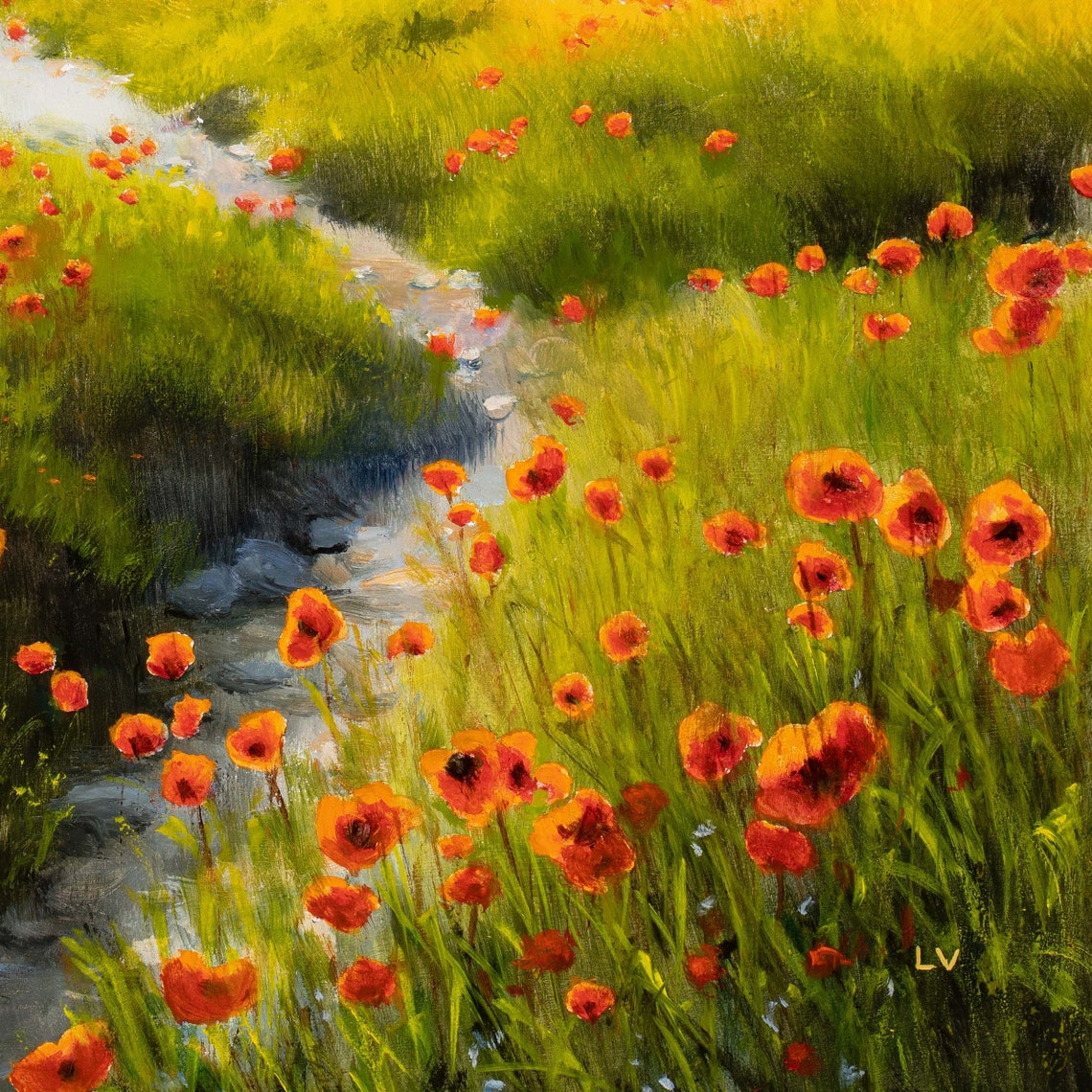 Mountain Log Cabin Poppy Meadow Stream Wilderness Oil Painting Poster - Image 2
