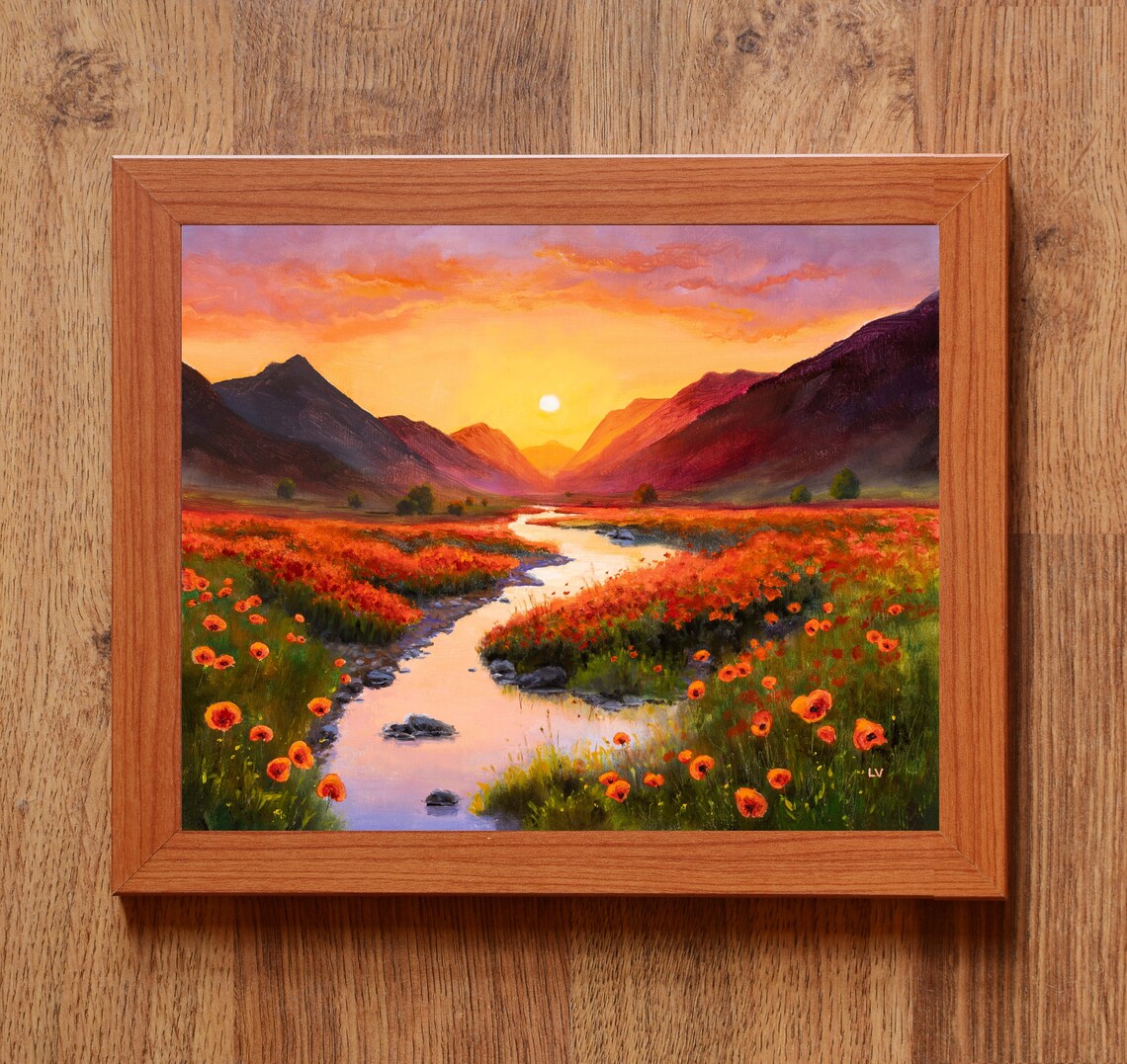 Golden Hour Mountains Meadow Art Print, Warm Decor - Image 3