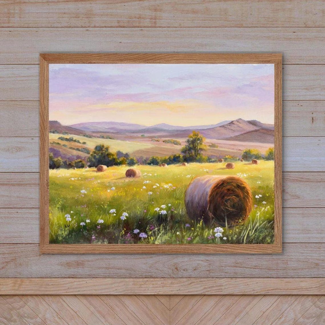 Round Hay Bales in a Golden Sunset Meadow Oil Painting Farm Poster
