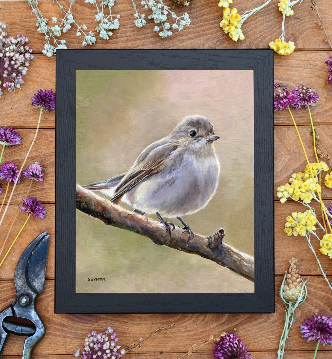 Gray Flycatcher Bird, Vintage Farmhouse Art Print