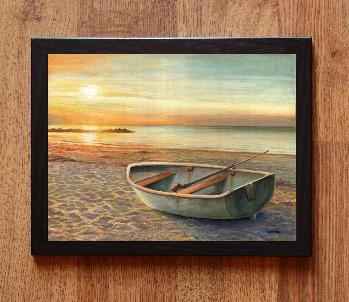 Rowboat On Shore At Sunset Beach Ocean Landscape Painting Poster - Image 5