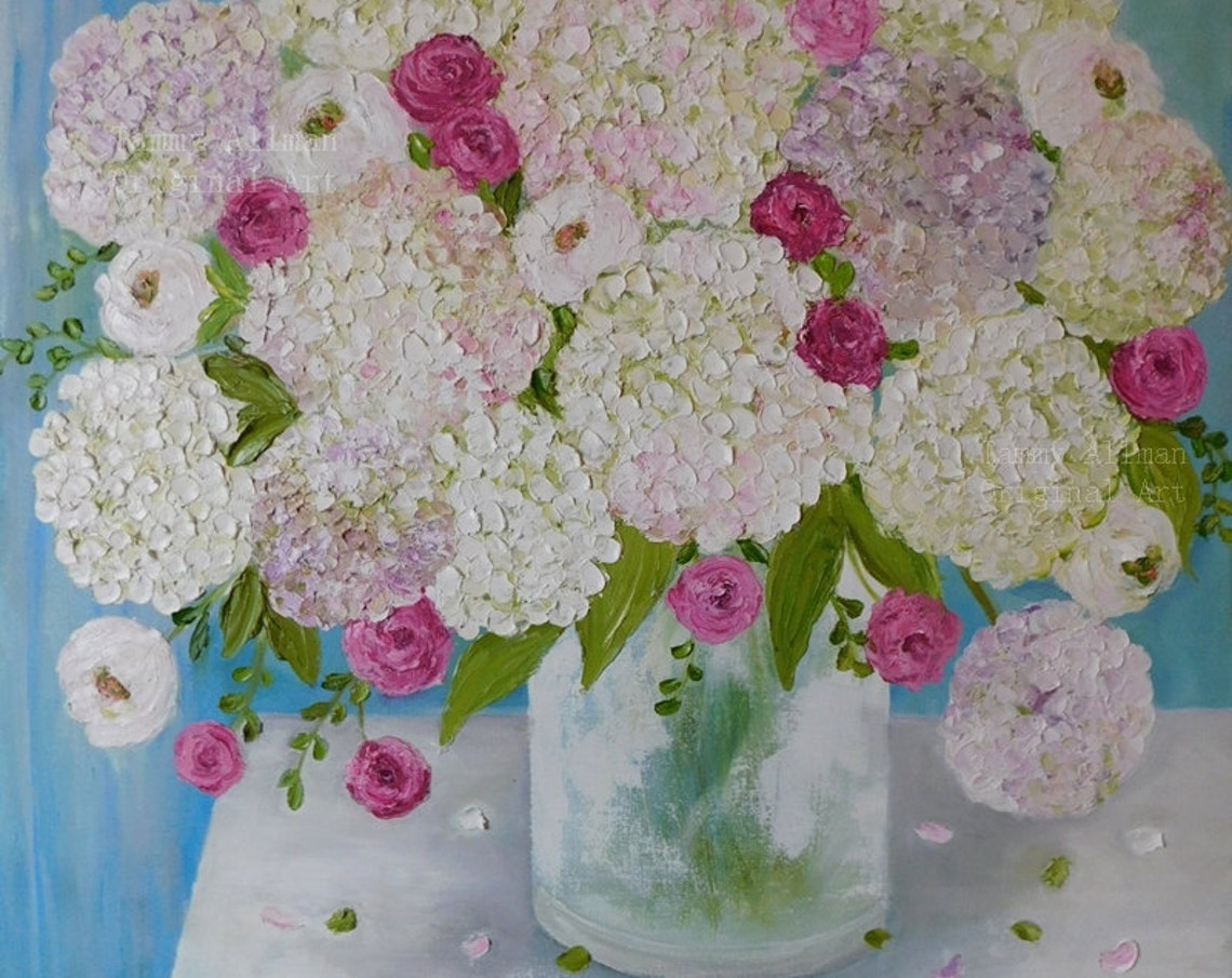 White Hydrangea and Pink Rose Bouquet Painting on Blue Art Poster - Image 5