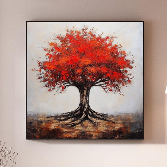 Original Textured Red Tree Painting Abstract Red Tree Of Life Oil Painting Boho Wall Art Large Landscape Art Modern Office Room Wall Decor