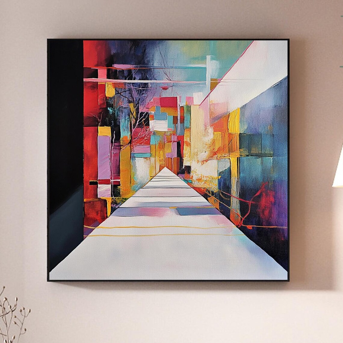 Vibrant Abstract City Alley in Bold Red Blue and Yellow Oil Art Poster